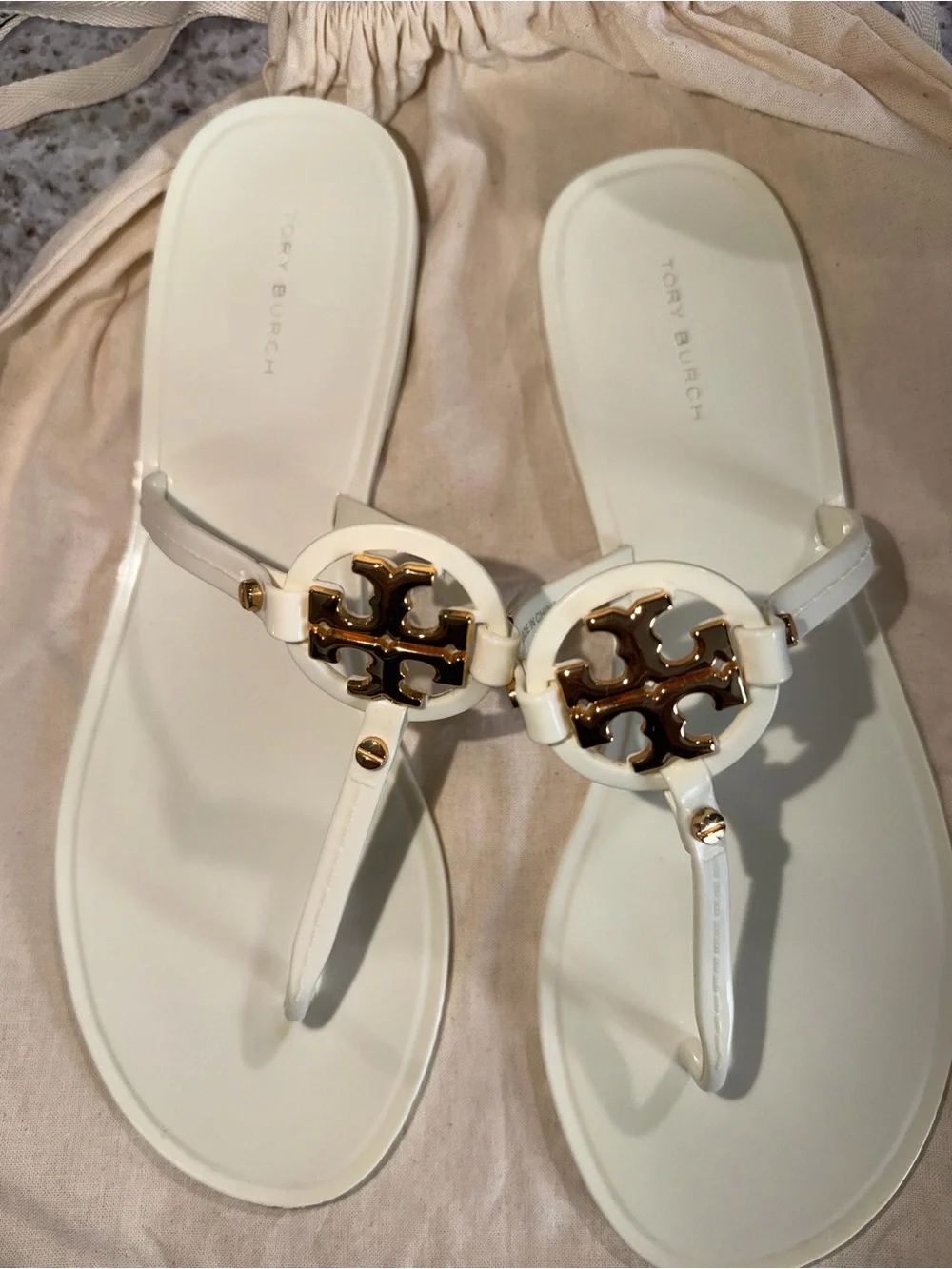Tory Burch Ivory Miller Jelly Logo Slingback Sandals with Gold Emblem
